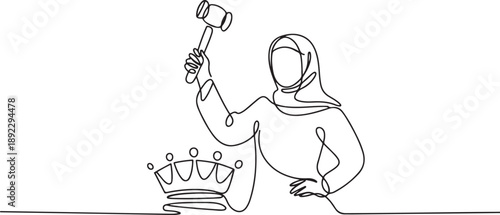 Single one line drawing Arabian businesswoman preparing to hit big crown. Destroying symbols of authoritarian kingdom. Expect justice for business people. one line Icon drawing