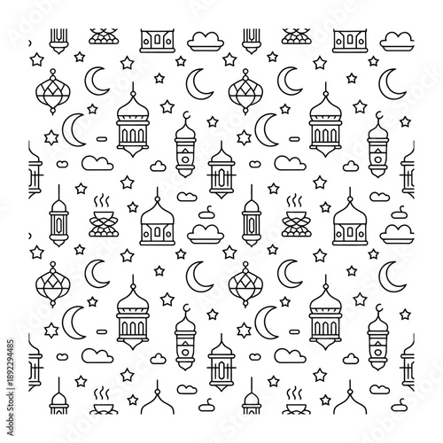 Geometric Ornament: A black and white geometric illustration celebrating Islamic cultural patterns, featuring crescent moons, stars, and lantern motif designs.
