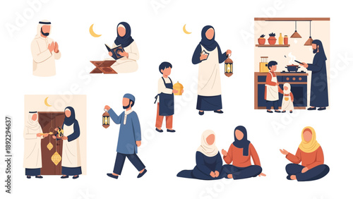 Ramadan's Embrace: A vibrant scene portrays the essence of Ramadan, featuring a group of individuals engrossed in prayers, sharing a lantern-lit journey, preparing family meals.