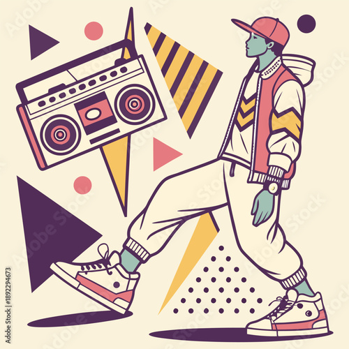 80s hip-hop attire stepping forward. A large boombox and bold geometric shapes enhance the retro vibe.