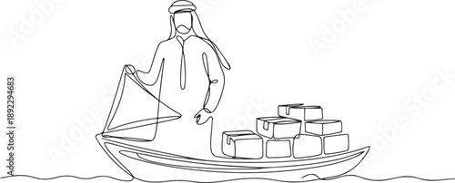 Continuous one line drawing Arabian businessman sailing away on boat with pile of cardboard. Ocean transportation. Shipping items delivered via sailboat. one line Icon drawing
