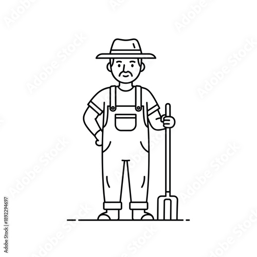 Man in overalls and hat holding shovel vector