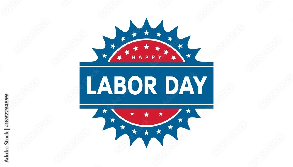Obraz premium A colorful Labor Day logo with a blue and red design on a white background