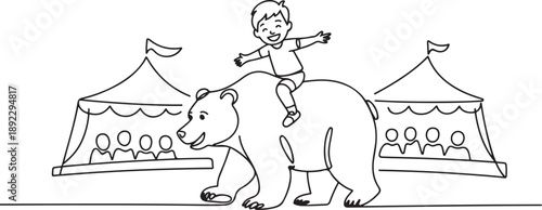Single one line drawing happy little boy riding brown grizzly bear. Child sitting on back big bear at circus event. Kids learning to ride beast animal. one line Icon drawing