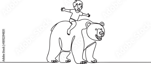 Single one line drawing happy little boy riding brown grizzly bear. Child sitting on back big bear at circus event. Kids learning to ride beast animal. one line Icon drawing