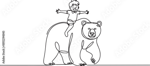 Single one line drawing happy little boy riding brown grizzly bear. Child sitting on back big bear at circus event. Kids learning to ride beast animal. one line Icon drawing