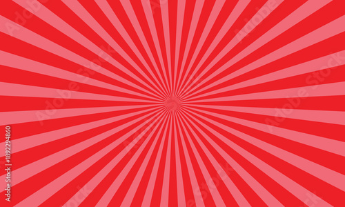 Vibrant red and pink sunburst pattern background, radial lines emanating from center, graphic design, abstract, energetic.