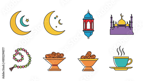 Ramadan Icons: A collection of vibrant icons representing the spirit of Ramadan, featuring crescent moons, a traditional lantern, a mosque, prayer beads, dates, and a steaming cup of tea.