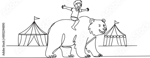 Single one line drawing happy little boy riding brown grizzly bear. Child sitting on back big bear at circus event. Kids learning to ride beast animal. one line Icon drawing