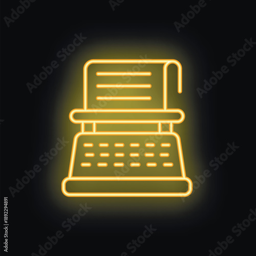 Glowing neon sign of a vintage typewriter with a piece of paper, symbolizing writing, communication, and the evolution of technology
