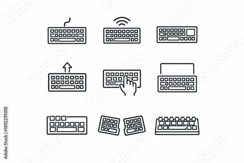 Variety of computer keyboard icons: wireless, wired, ergonomic, and gaming designs
