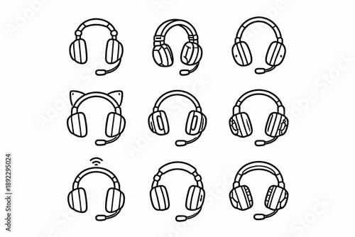 Set of nine diverse gaming headsets with unique designs and features