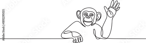 Continuous line drawing of a chimpanzee waving hand behind the wall, symbolizing playful wildlife. Created as an art concept for International Animal Day. one line Icon drawing
