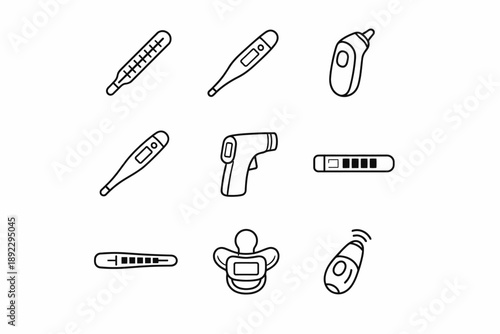 Various thermometer icons: digital, infrared, oral, ear, and pacifier designs