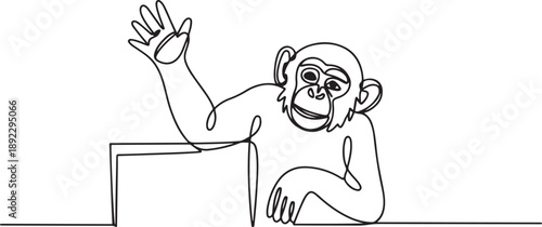 Continuous line drawing of a chimpanzee waving hand behind the wall, symbolizing playful wildlife. Created as an art concept for International Animal Day. one line Icon drawing