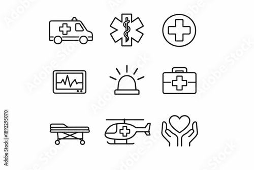 Medical emergency icons set featuring ambulance, helicopter, and first aid symbols