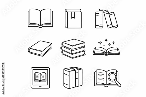Collection of books and e-reader icons representing literature and reading concepts