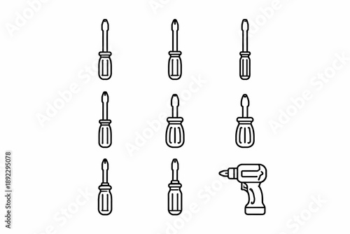 Line art of hand tools featuring screwdrivers and electric drill