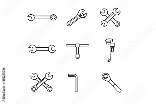 Collection of various hand tools in black and white outline icons