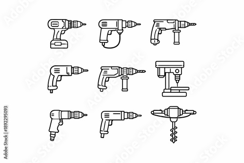Collection of various electric drills and drill press icons in black and white