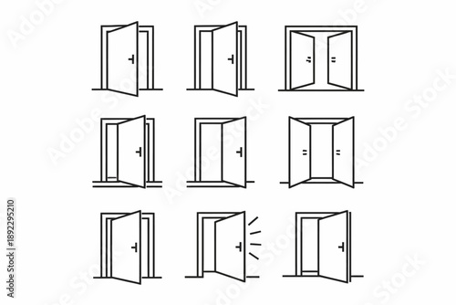 Set of nine simple line art door icons in various open positions