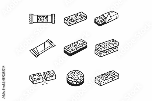 Assorted snack bars and cookies doodles in black and white