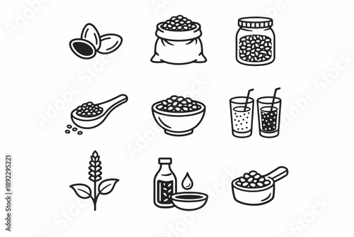 Soybean icons: seeds, pods, drinks, and oil illustrations in black and white