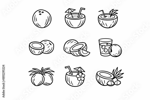 Coconut variations: tropical drinks and whole coconuts in line art