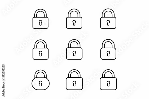 Set of nine various padlock icons in simple black outline design