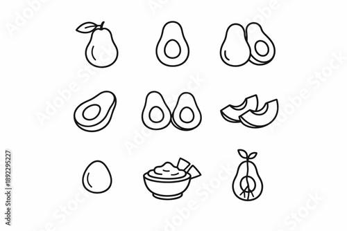 Outline icons of avocados and pears in various slices and forms