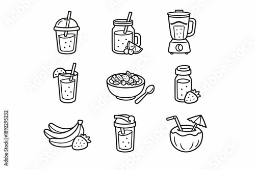 Hand-drawn smoothie and fruit icon set with blender and coconut drink