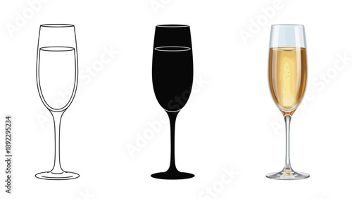 Set of three champagne flutes outline, silhouette and filled with champagne