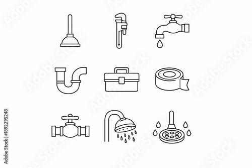 Plumbing tools and fixtures icon set with wrench, faucet, and pipe symbols