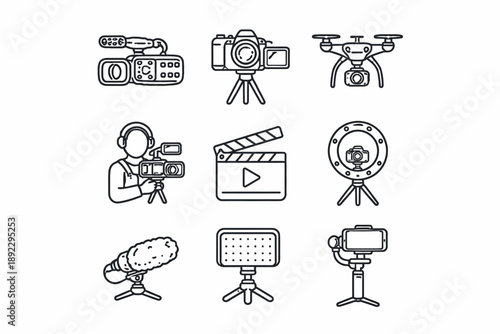 Overview of filmmaking equipment icons featuring cameras drones and lights