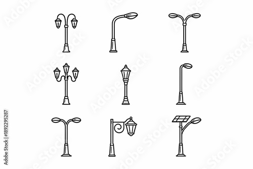 Collection of nine street lamp designs in minimalist outline style