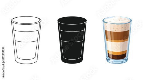 Set of three layered coffee drink glasses outline, silhouette and full color illustration of layered beverage