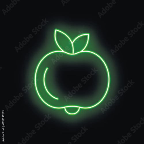 Green neon sign depicting a whole apple with leaves glowing on a black background