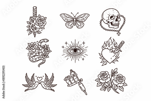Vintage tattoo designs: daggers, roses, butterflies, skulls, and hearts collection