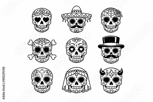 Decorative sugar skulls with various designs and accessories