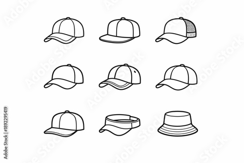 Line art collection of different baseball caps and bucket hat designs