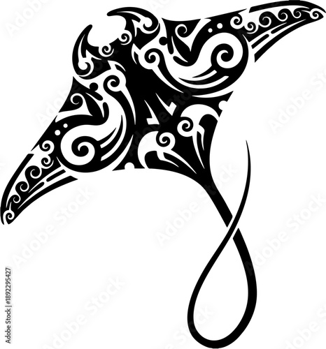 Tribal manta ray tattoo design intricate black ink illustration with swirling patterns perfect for body art and graphic design projects
