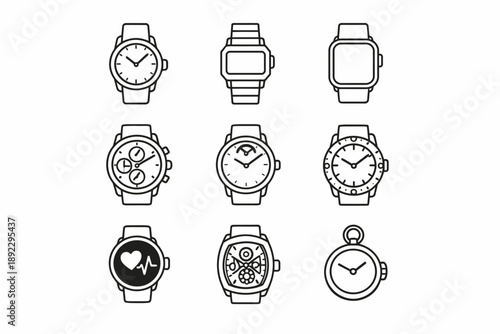 Collection of nine diverse watch icons featuring analog and digital designs