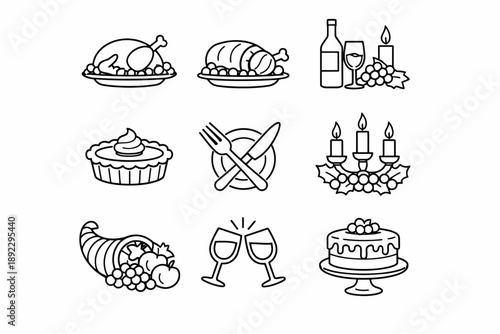 Festive feast line art icons - turkey, pie, wine, and more holiday symbols