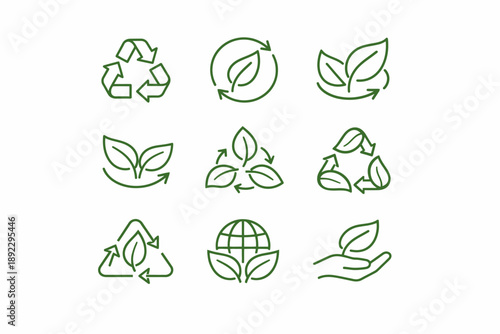 Collection of green recycling and eco-friendly icons with leaves and arrows