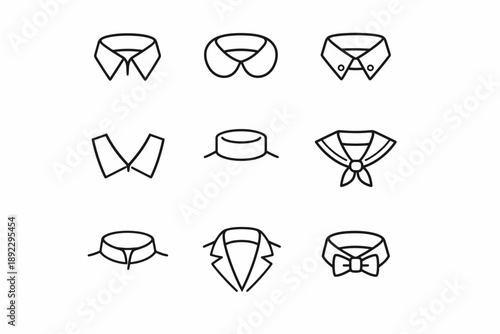 Variety of collar styles icons set: shirt, peter pan, mandarin, and more