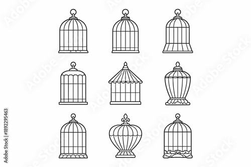 Set of nine decorative birdcage illustrations in black and white