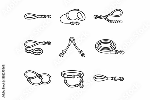 Collection of pet leashes and collars in simple line art design