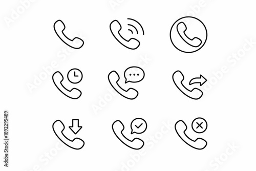 Set of nine phone icon variations including call actions and notifications