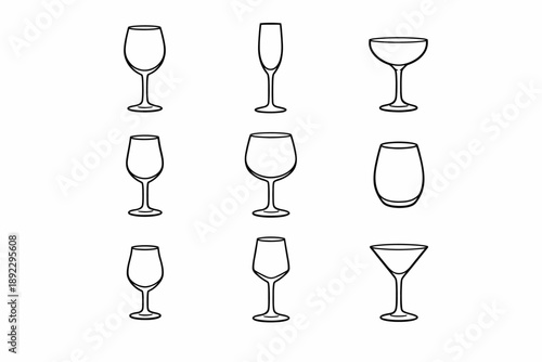 Set of nine wine and cocktail glass outlines in black and white