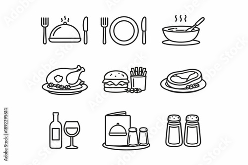Line art icons of dinnerware, food, beverages, and condiments for restaurant menus